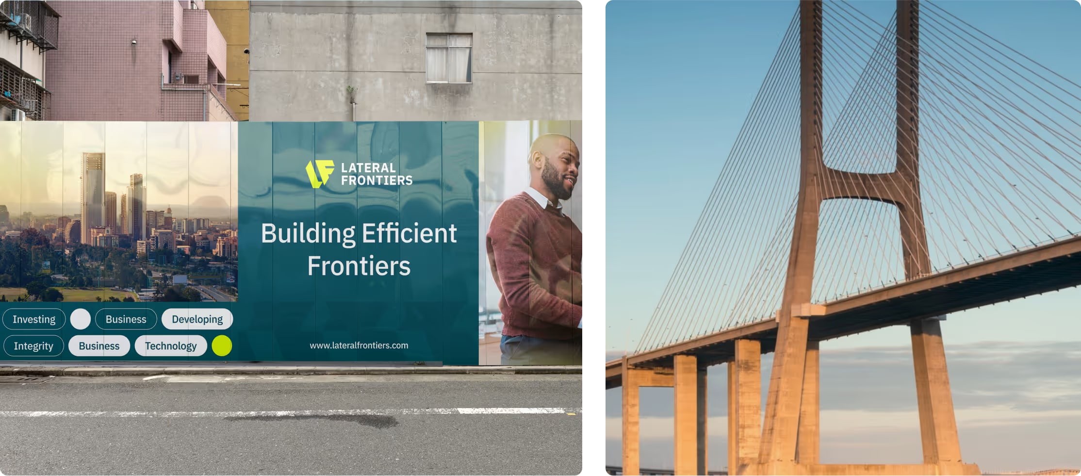 Lateral Frontiers bus-stop ads and a bridge