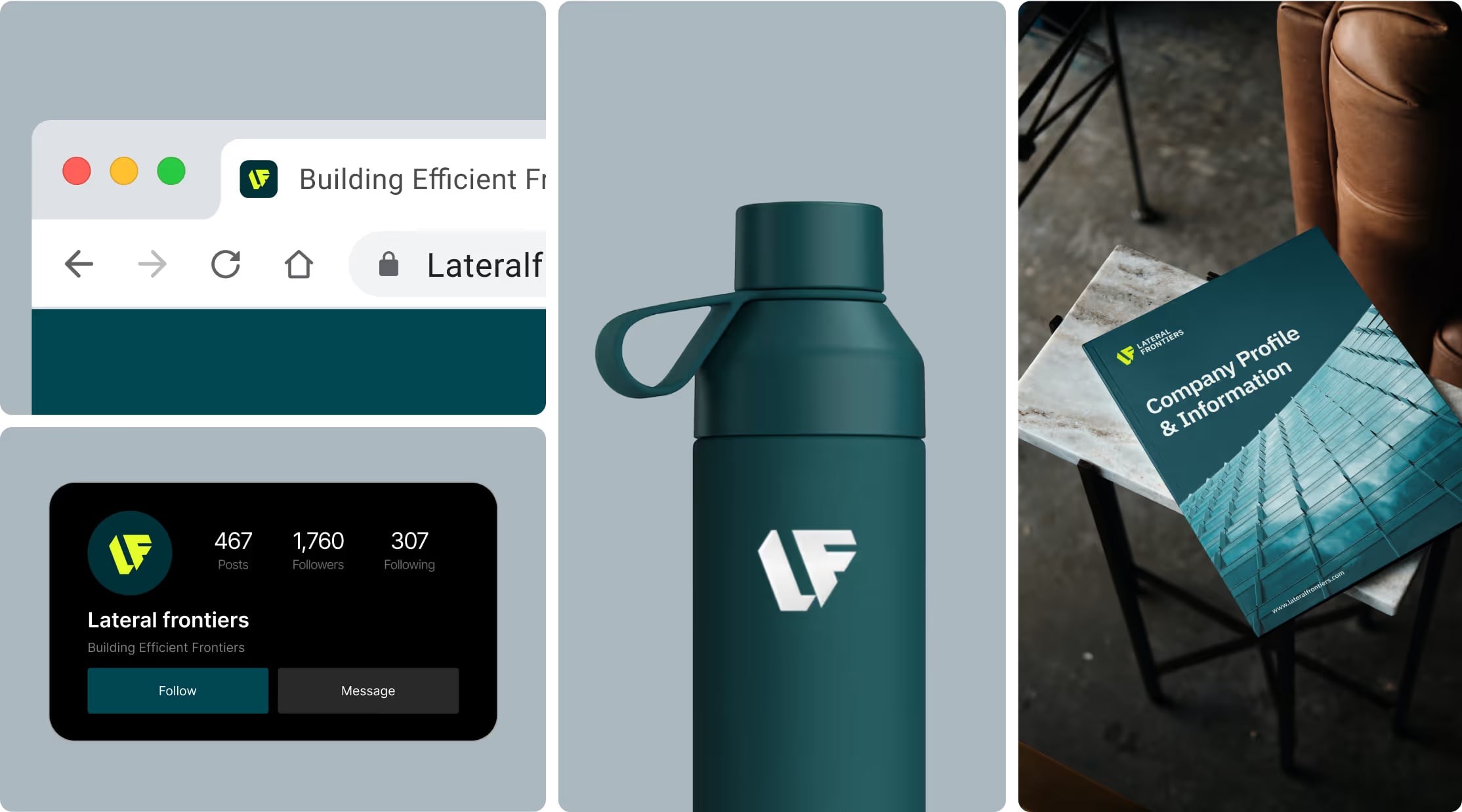 Browser, profile card, bottle and notebook in the new brand