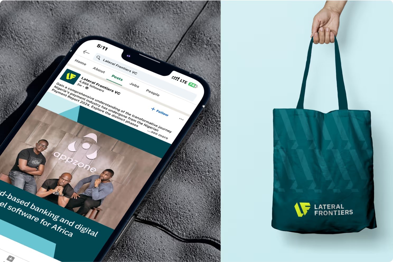 Lateral Frontiers on a phone and a tote bag