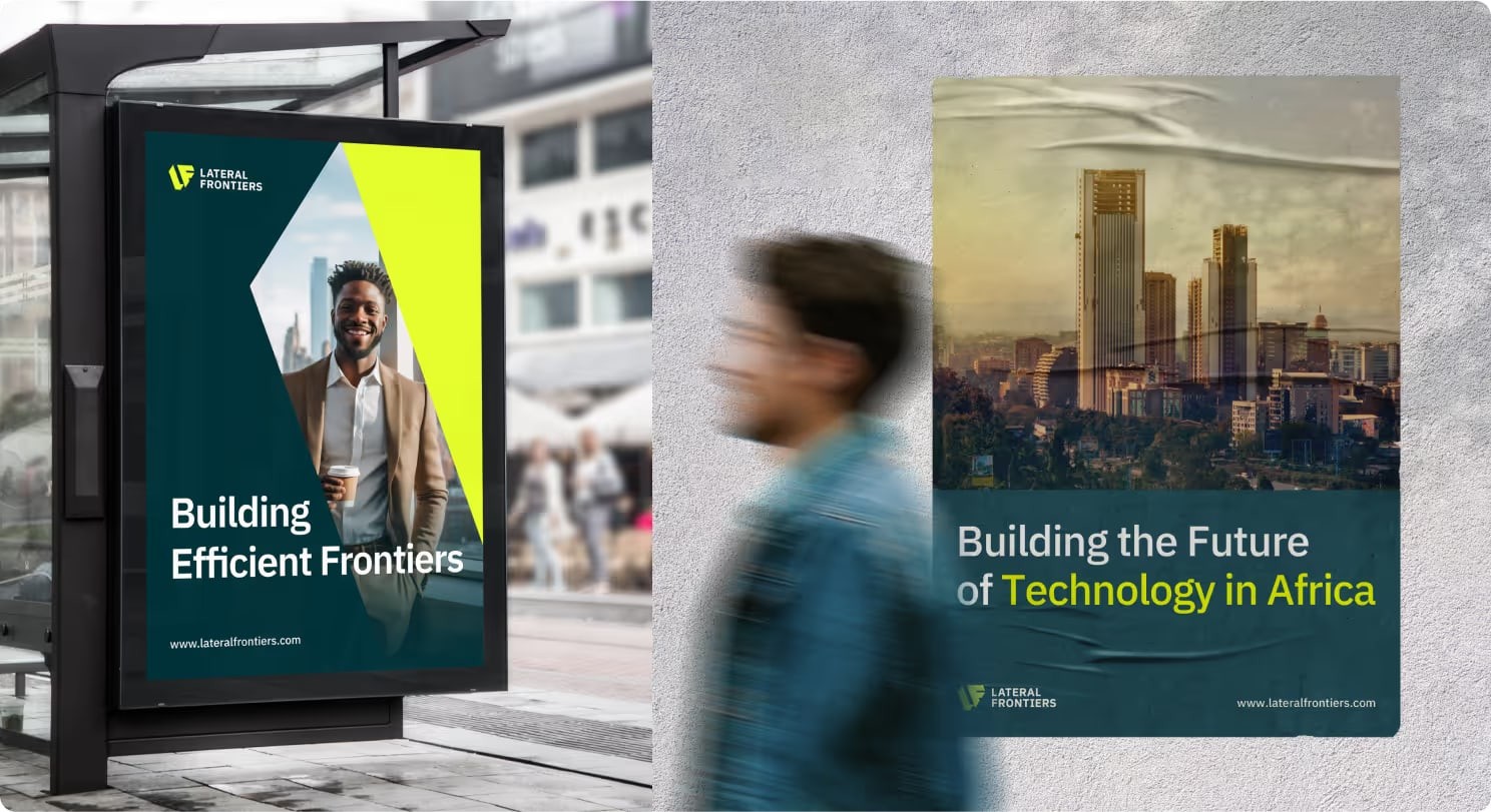 Lateral Frontiers posters at a bus stop and on a wall
