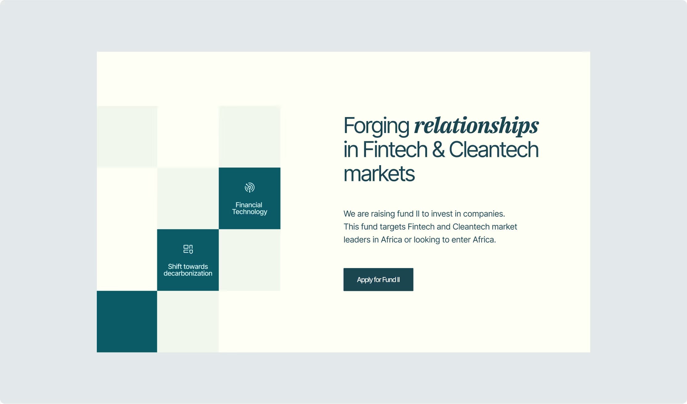 “Forging relationships in fintech & cleantech markets” section
