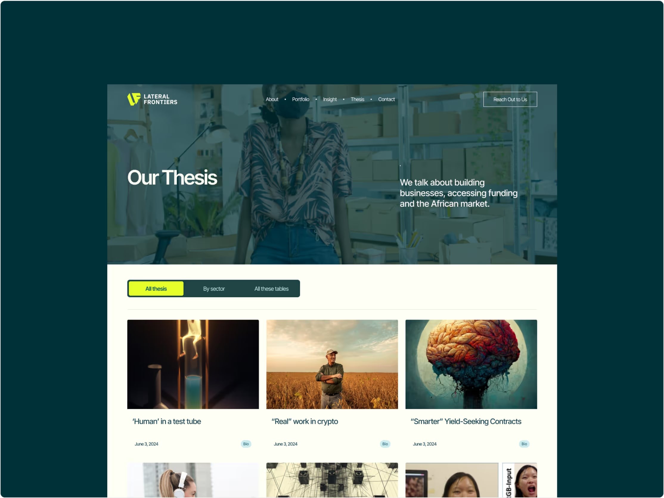“Our thesis” page with articles