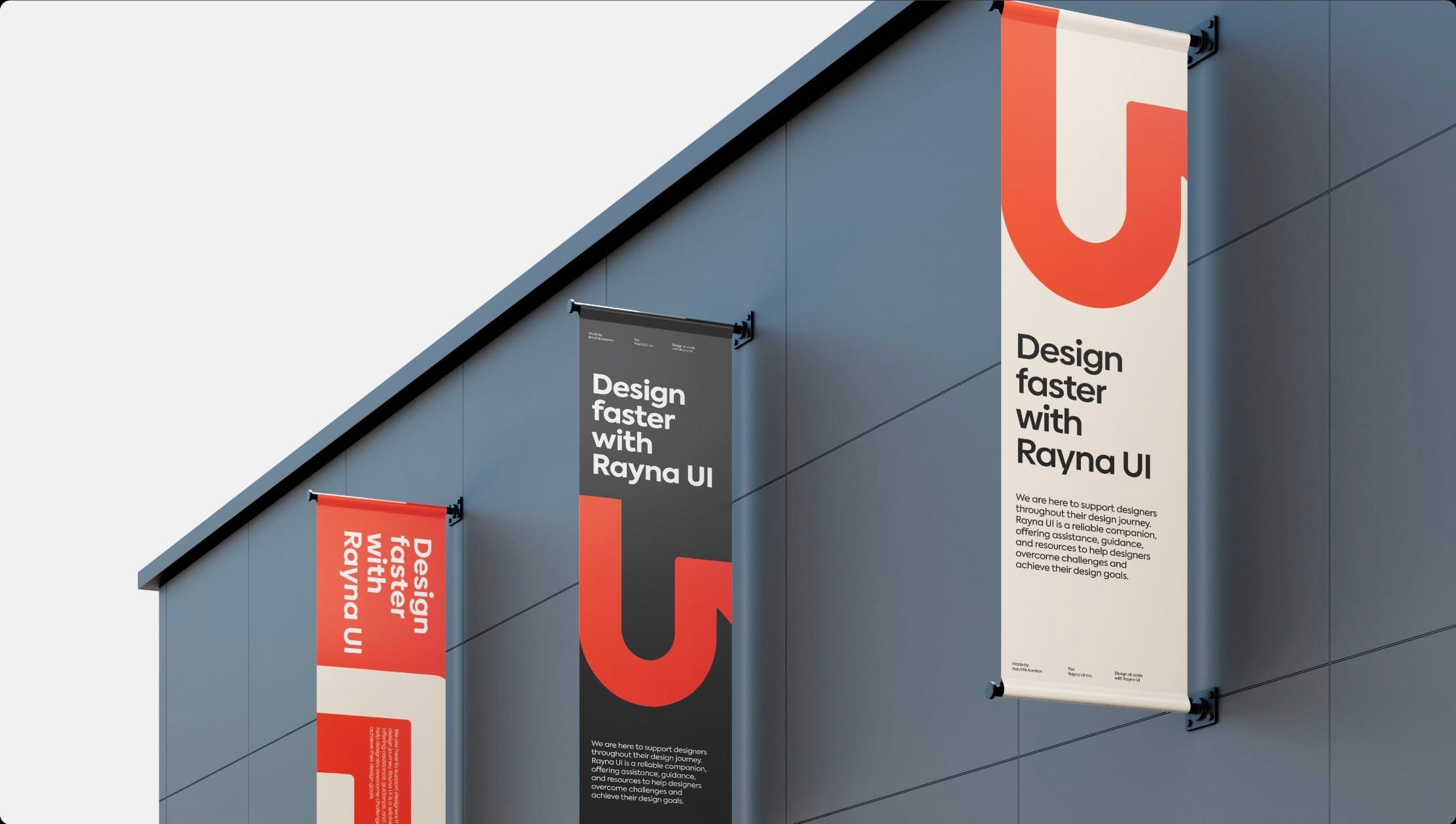 “Design faster with Rayna UI” banners on a building