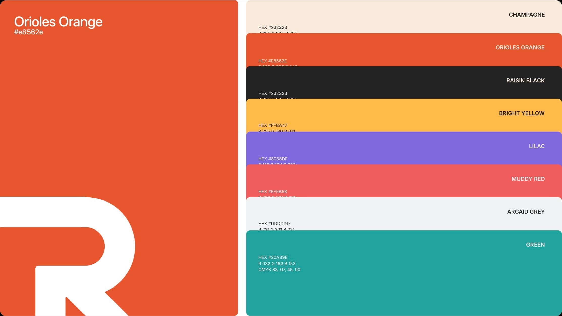 The R mark in Orioles orange beside the full colour palette