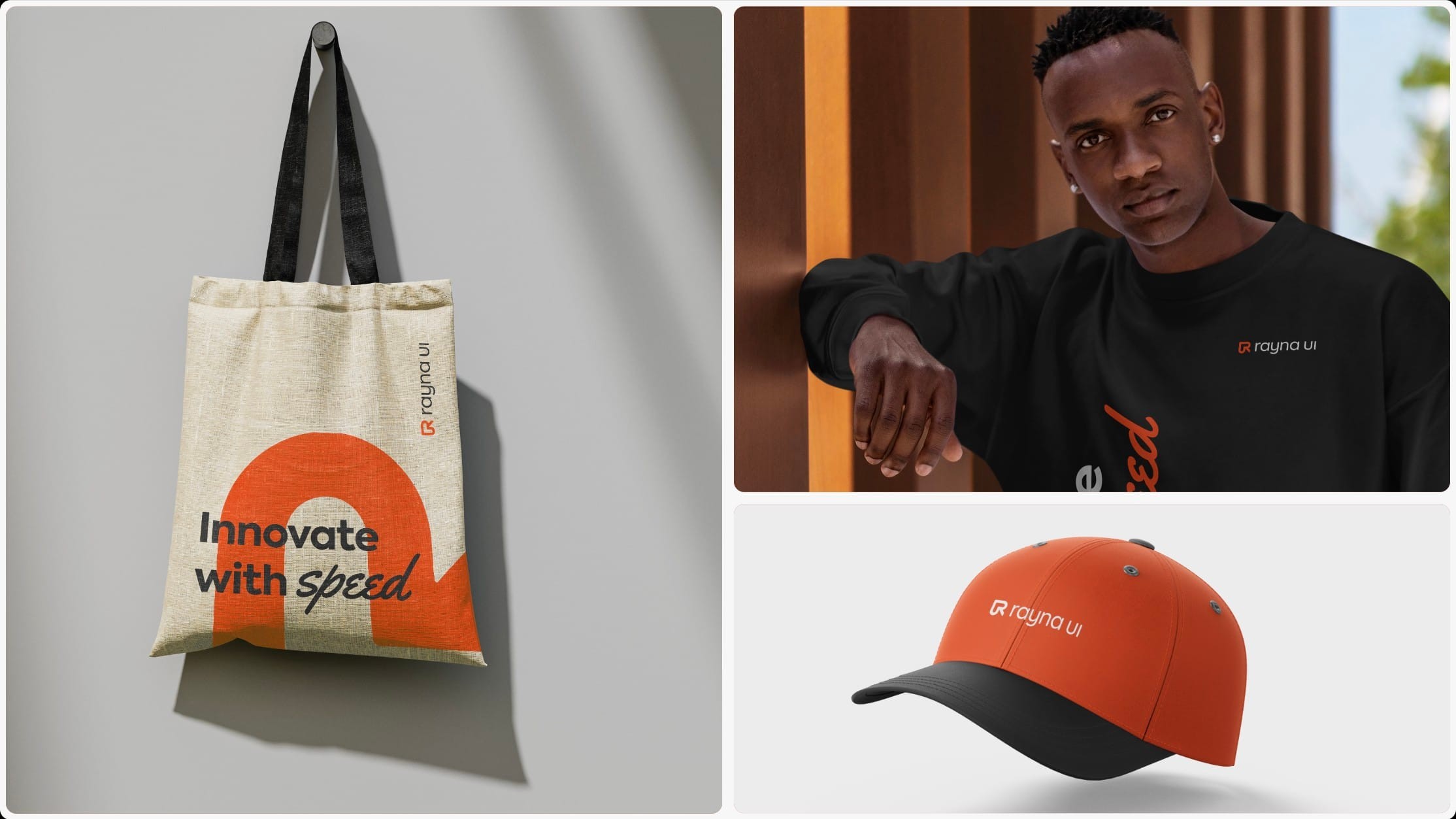 Tote bag, t-shirt and cap with the Rayna UI brand
