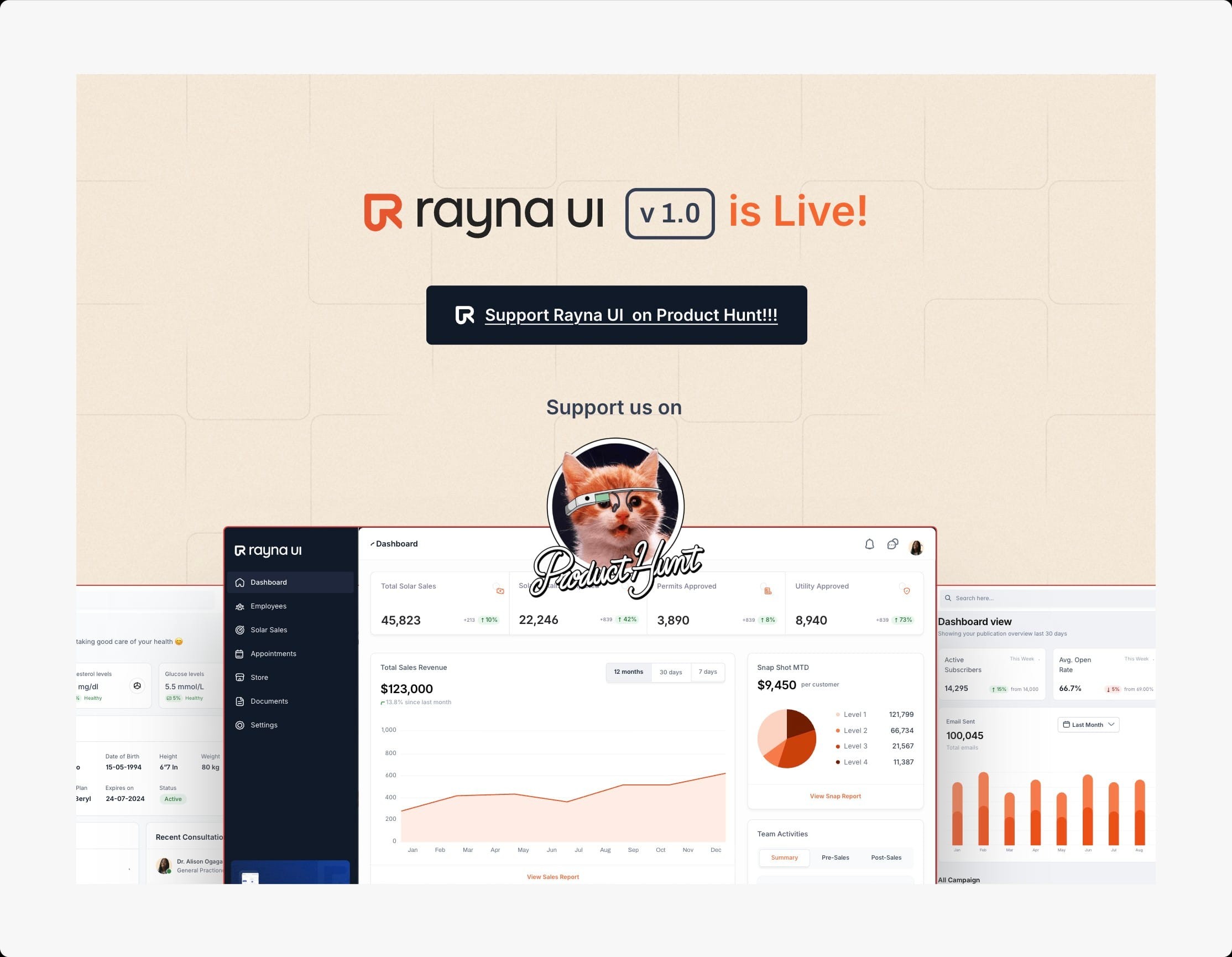 “Rayna UI v1.0 is live!” Product Hunt launch page