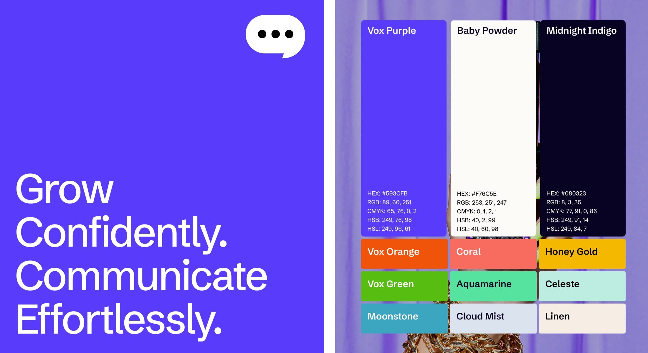 Voxtell brand tagline and colour palette