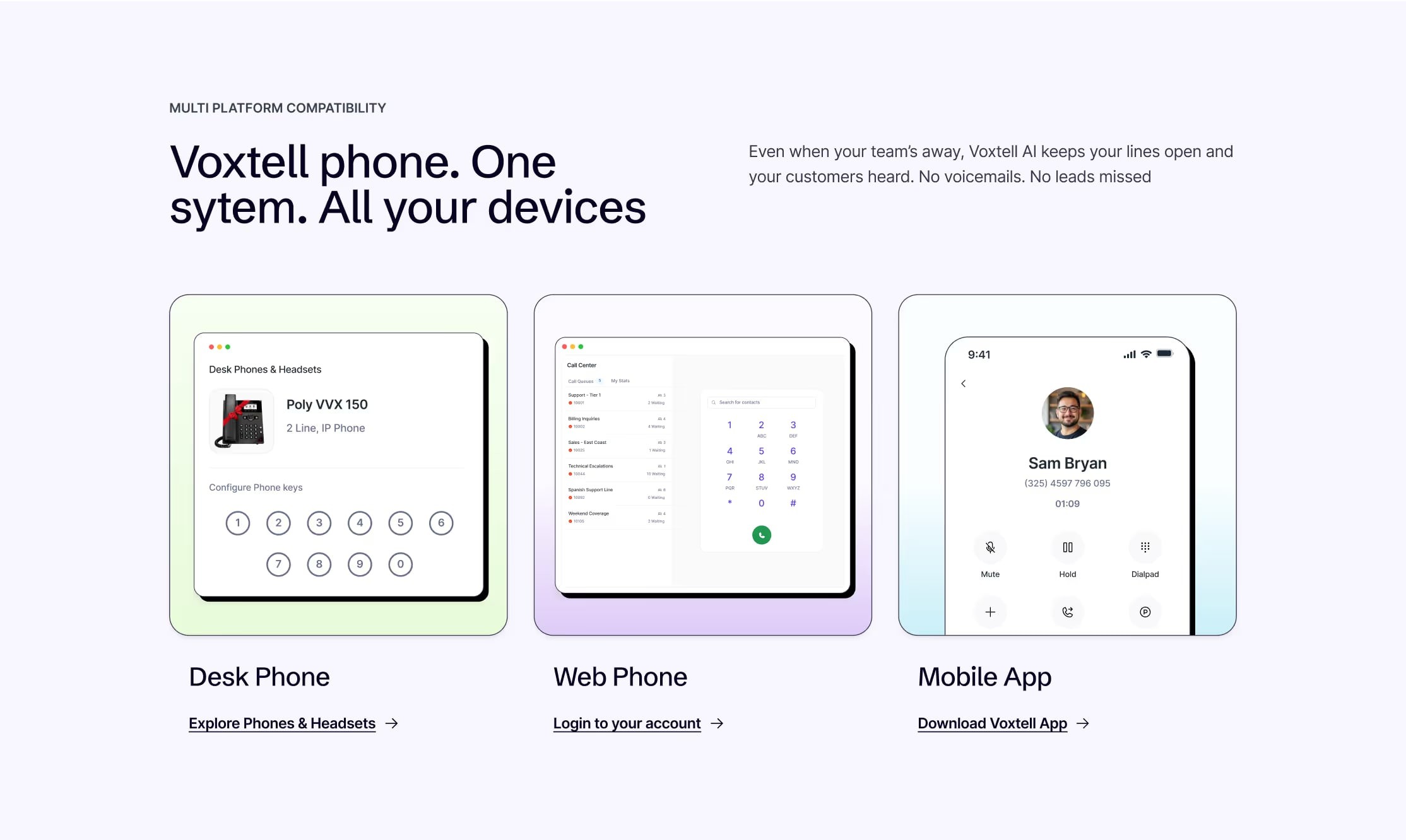 “Voxtell phone. One system. All your devices.” section with desk, web and mobile phones