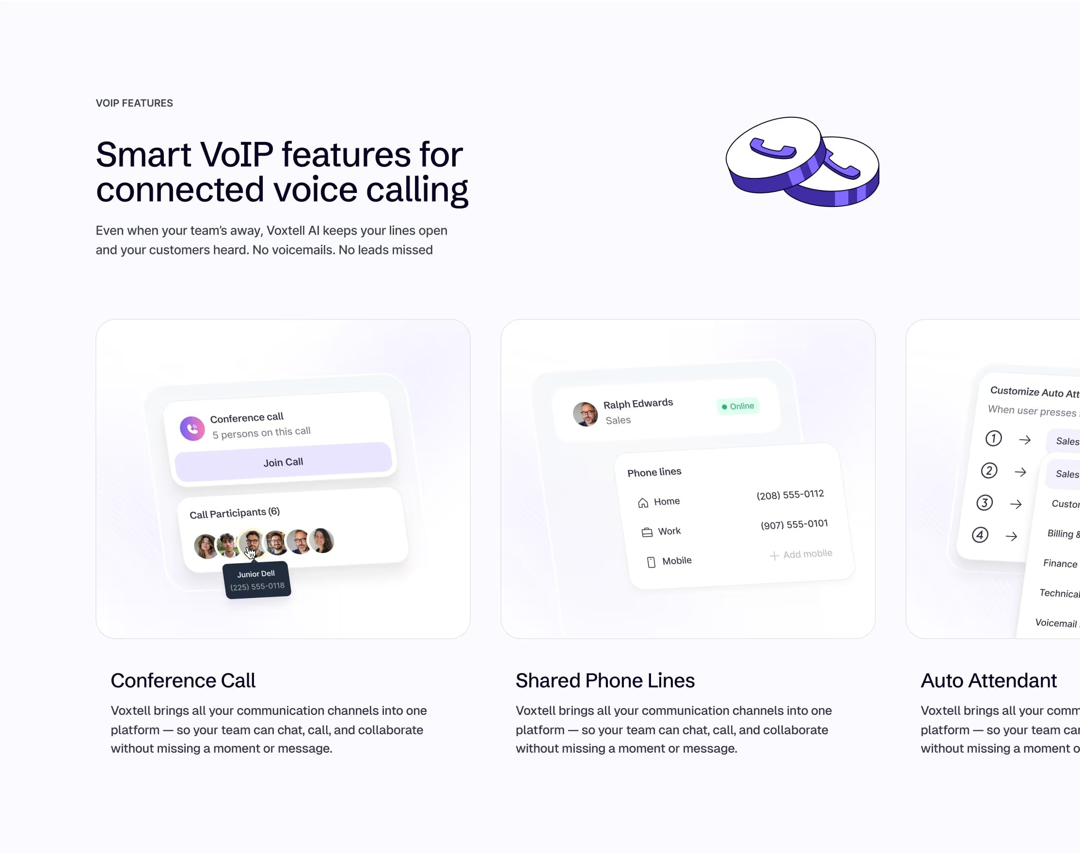 Smart VoIP features section with conference calls and shared lines