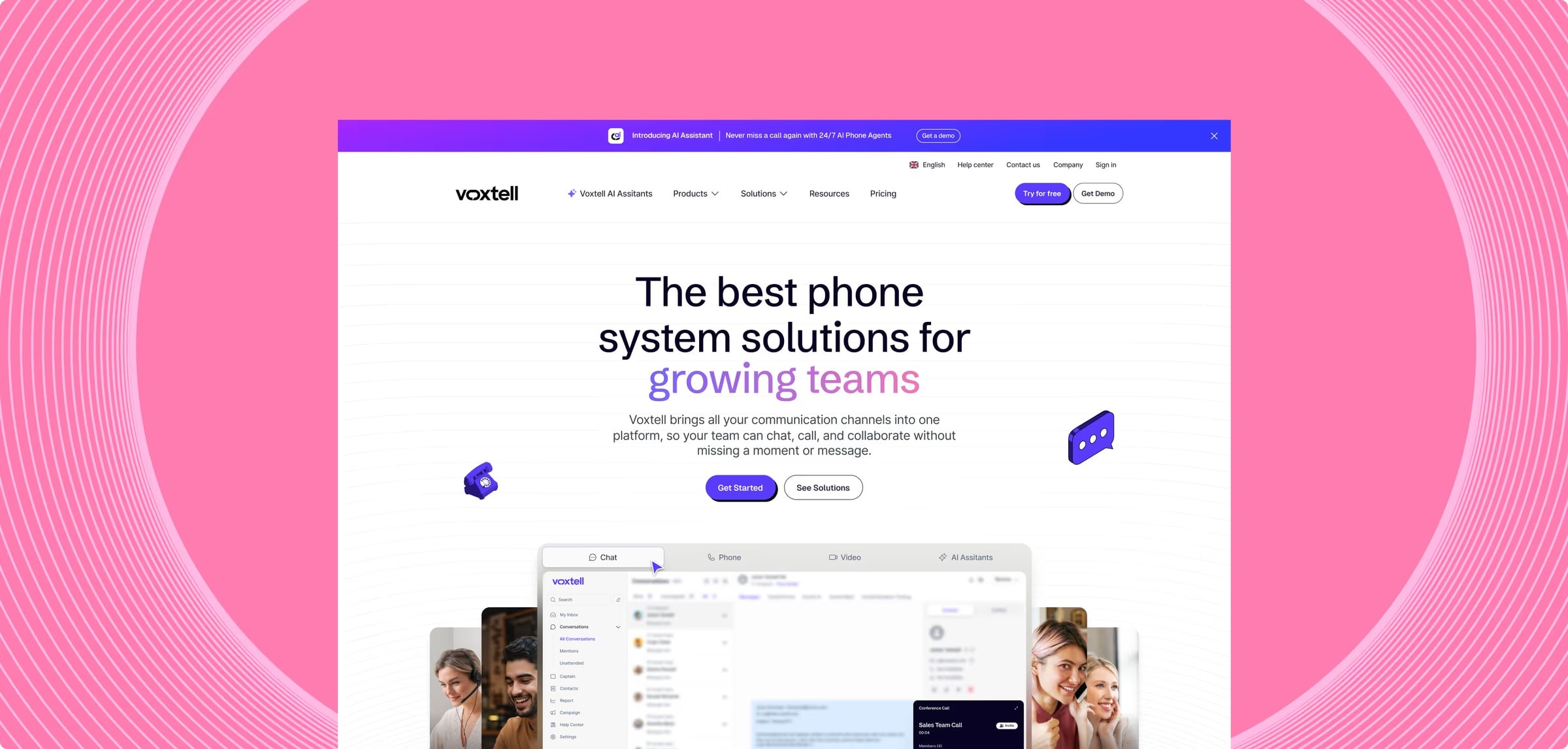 The new Voxtell homepage on a laptop against a pink backdrop