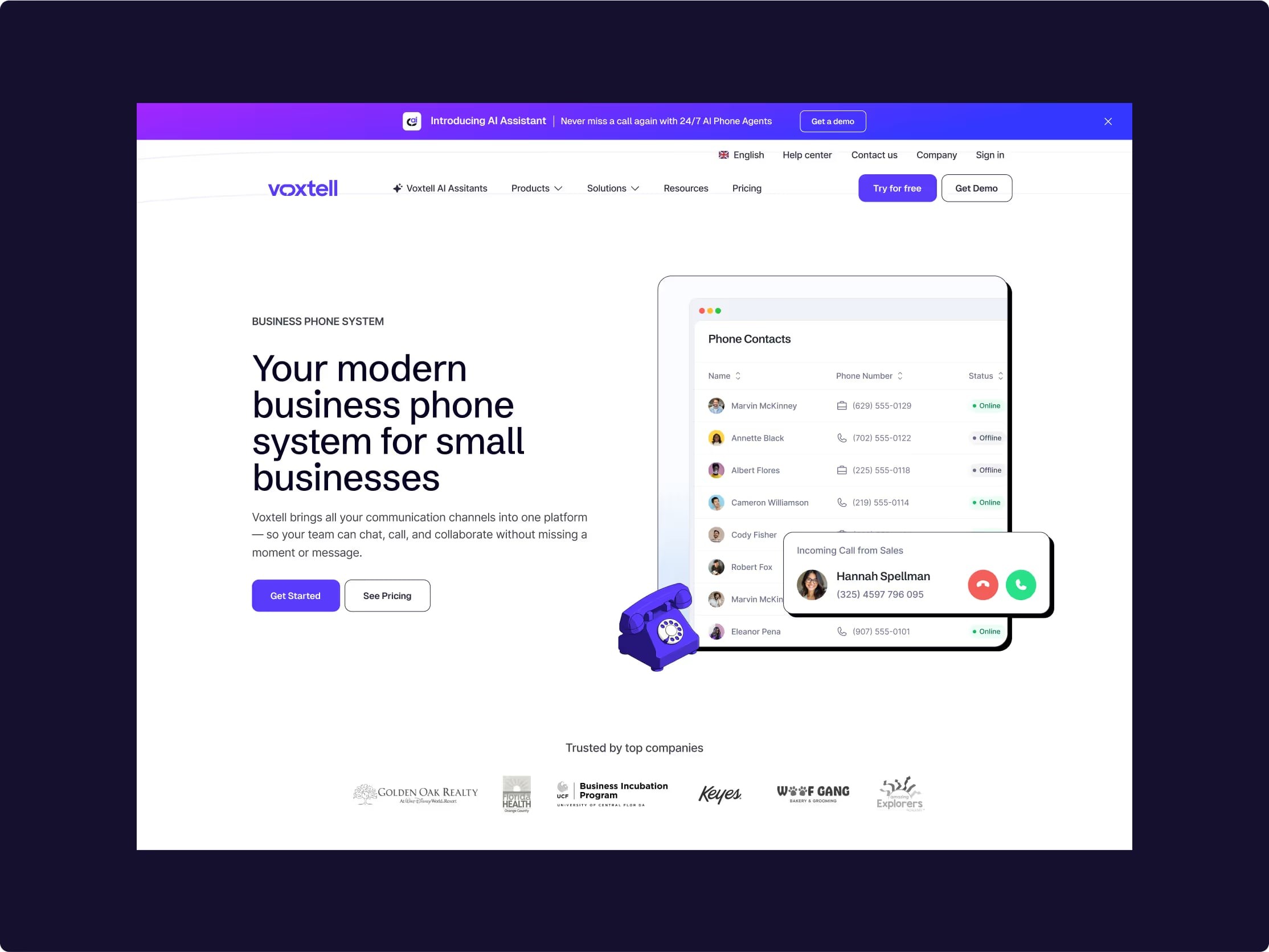 Voxtell homepage: “Your modern business phone system for small businesses”