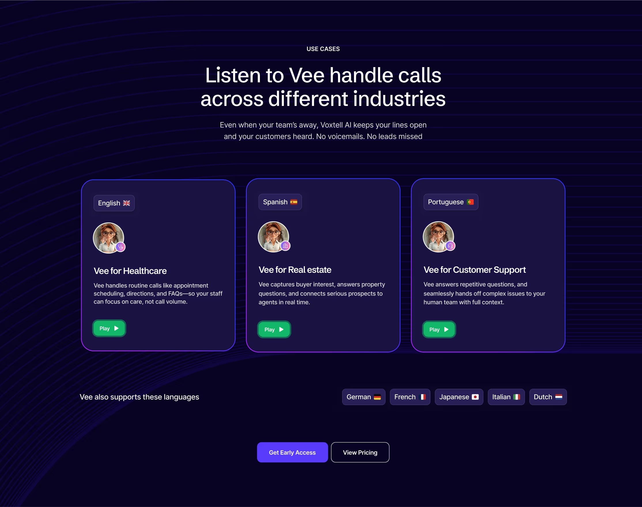 “Listen to Vee handle calls across different industries” section