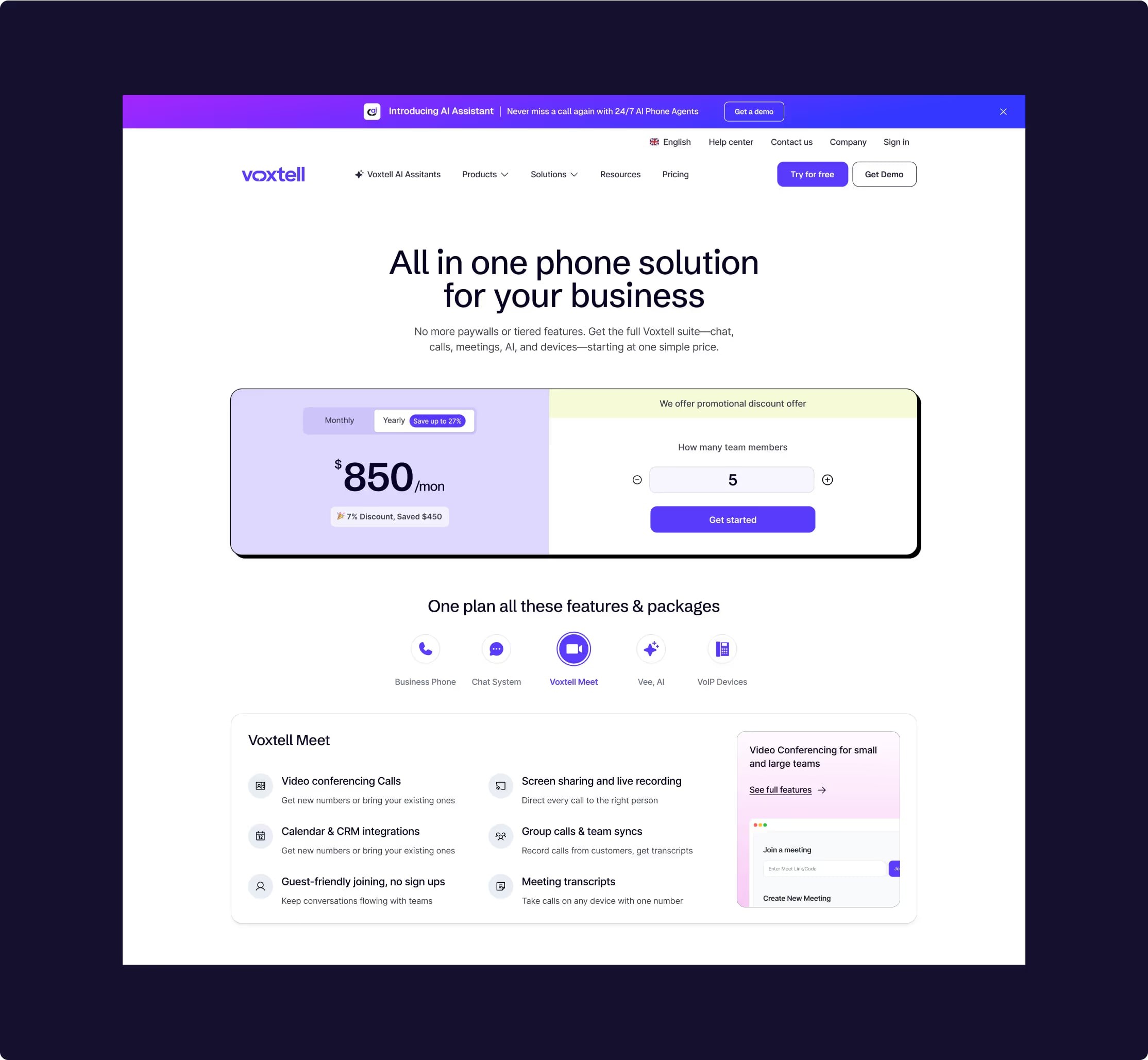 Pricing page: one plan with all features and packages