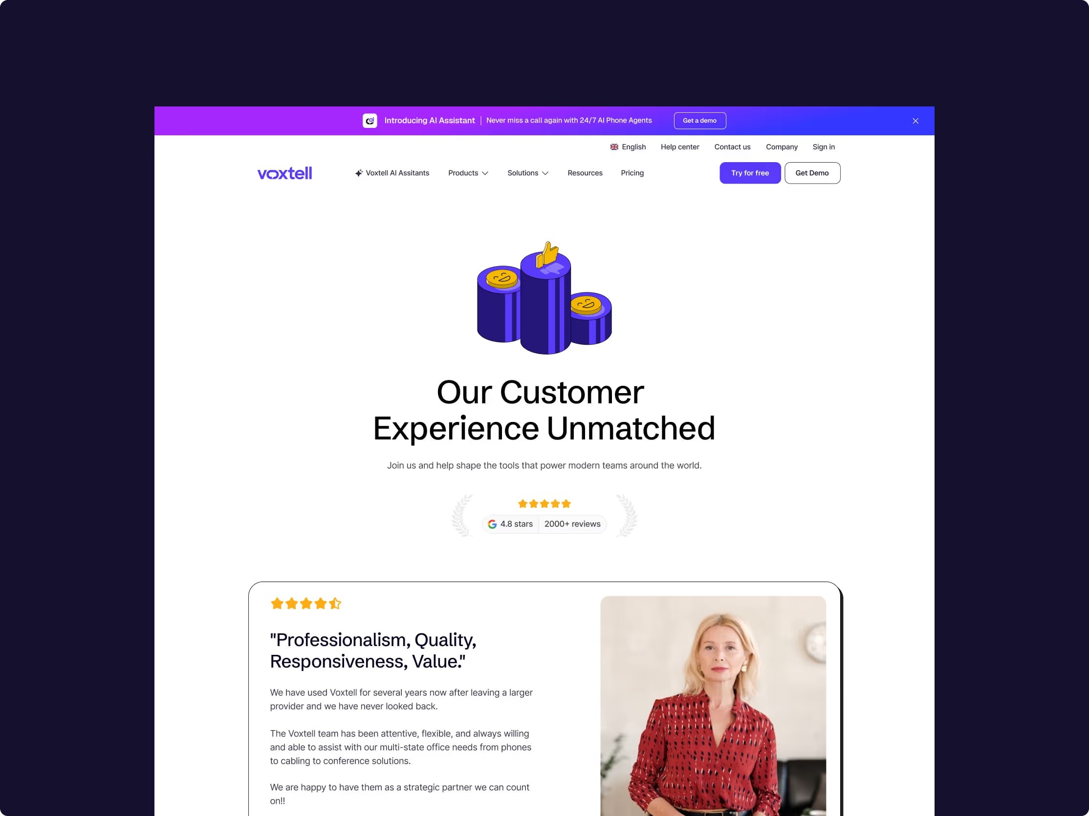 “Our customer experience unmatched” testimonials page