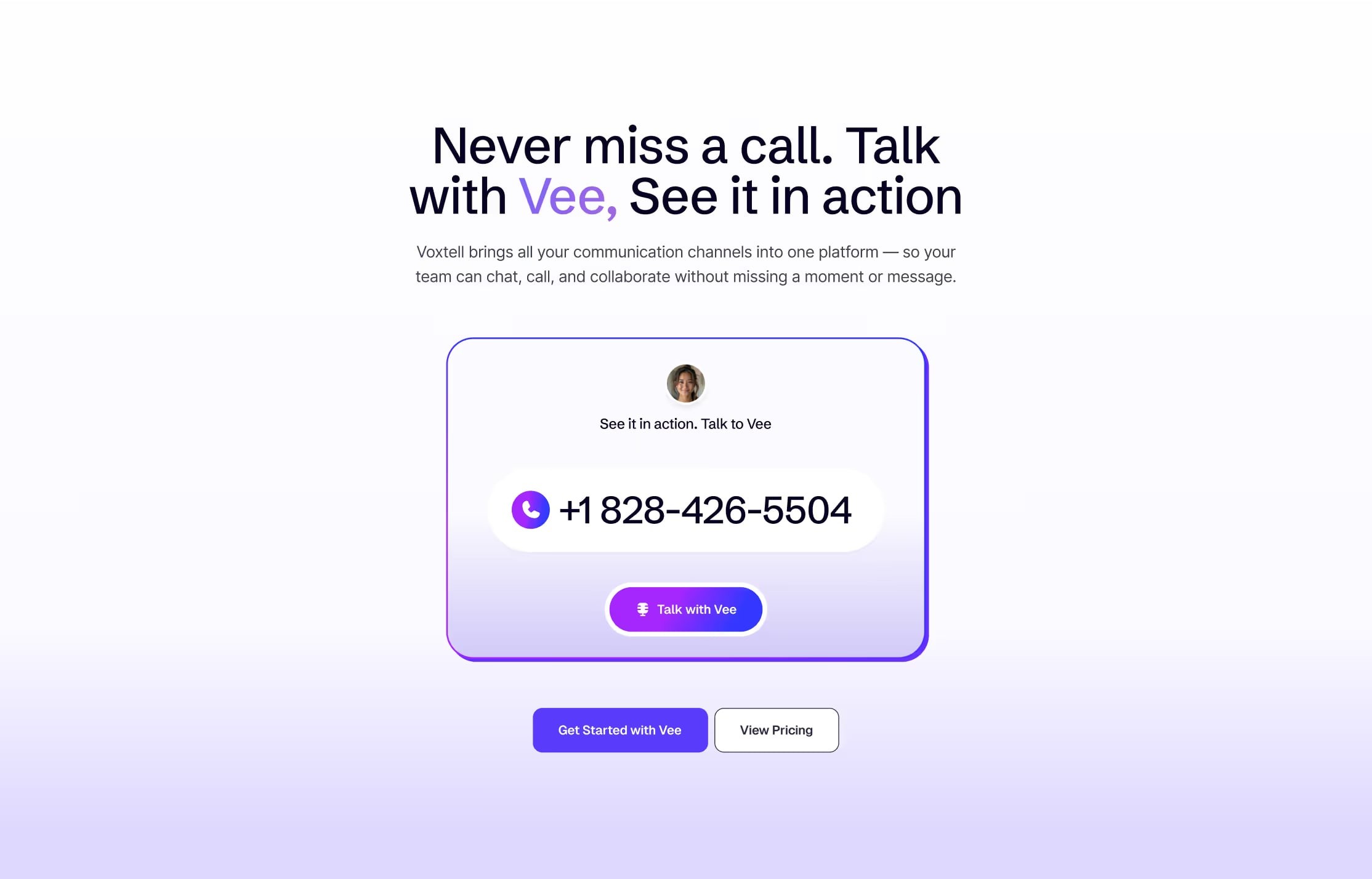 “Never miss a call. Talk with Vee, see it in action.” demo section